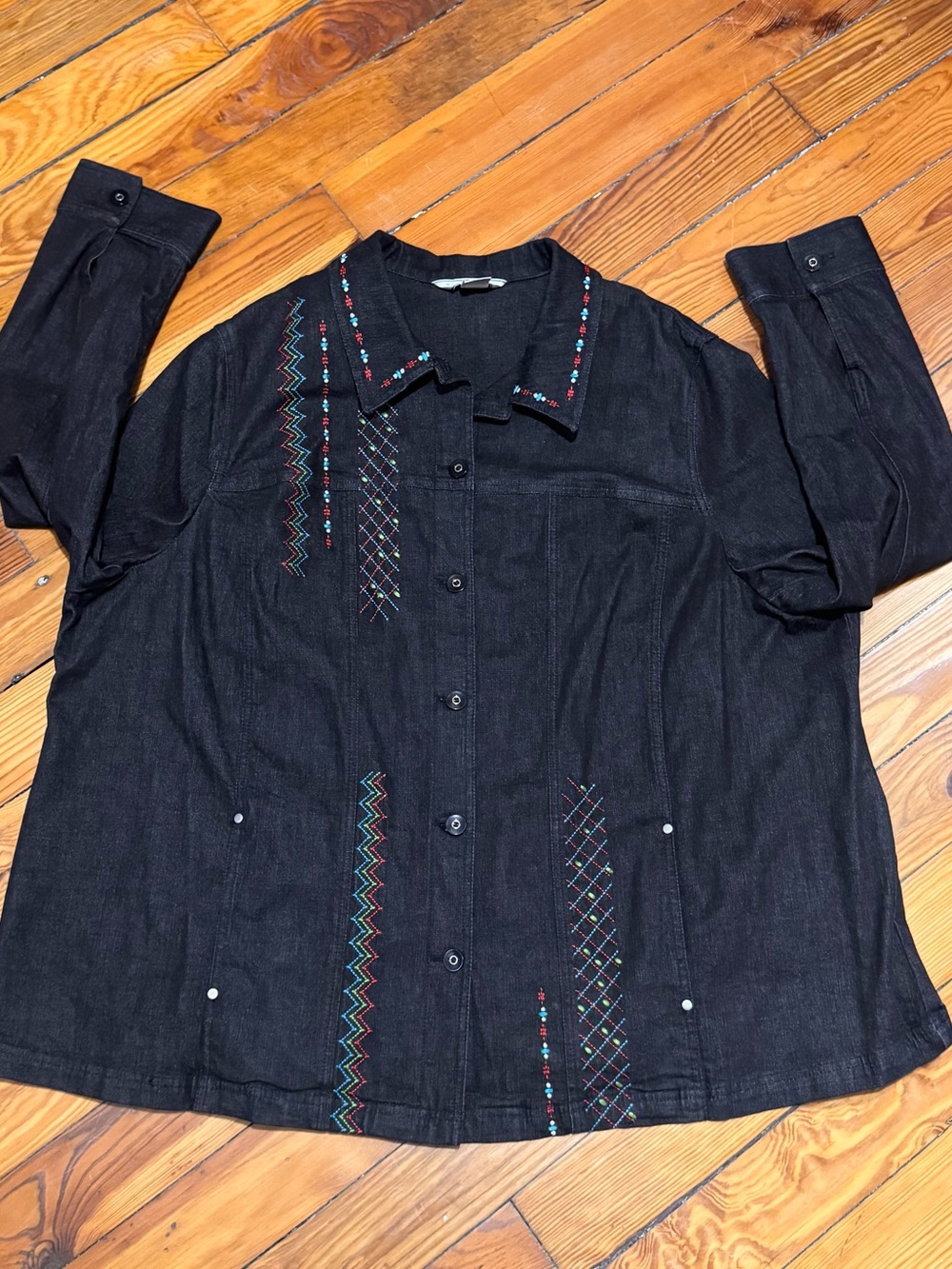 Allison Daley Black Button-Front Denim Jacket with Geometric Colorful Embroidery
